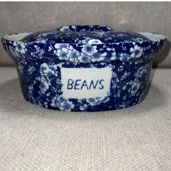 RARE  Victoria Ware Ironstone Blue & White Floral Transferware Bean Pot W/ Lid - Picture 2 of 8